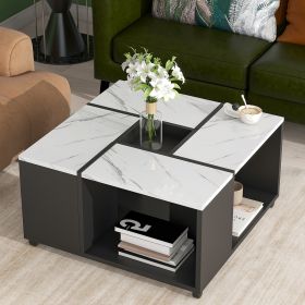 ON-TREND Modern 2-layer Coffee Table with Casters, Square Cocktail Table with Removable Tray, UV High-gloss Marble Design Center Table for Living Room