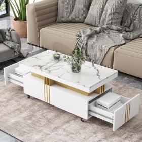 Coffee Table, Modern Central Table with 2 Drawers and Casters with Faux Marble Tops, Modern Luxury Cocktail Table with Gold