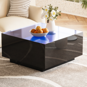 ON-TREND Square High Glossy Coffee Table with 16-color LED Strip Lights, Modern Center Table with 5mm Frosted Tempered Glass Top for Living Room