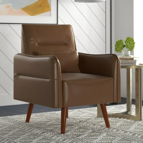 Accent Chair Modern PU Leather, Cozy Reading Armchair, Wood Legs-Wood Grain, for Adult (Color: as Pic)