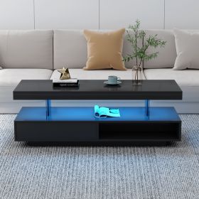 LED Coffee Table with Storage, Modern Center Table with 2 Drawers and Display Shelves, Accent Furniture with LED Lights for Living Room (Color: Black)